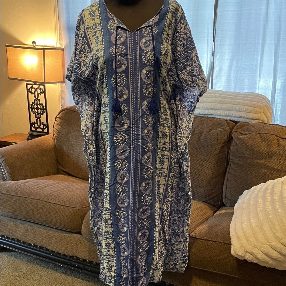 Vintage Phases Cotton Blue and White Patterned Kaftan Dress
